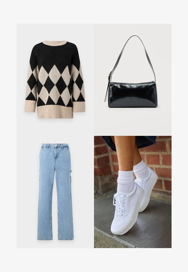 Sort og creme sweater med diamantmønster, rund halsudskæring, brede ærmer og struktureret strikfinish.; Lyseblå denim cargo bukser med lige ben-design, der har sidelommer og kontraststing. Klassisk fem-lomme stil.; Hvide lærreds sneakers med gummisåler, der har seks snørehuller, rund tå og let sømdetaljer, krydret med hvide ankelstrømper.; Sort rektangulær skuldertaske med en enkelt justerbar rem og lynlås i toppen på en ensfarvet baggrund.