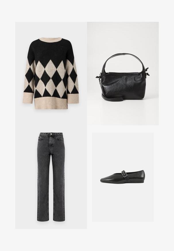 Sort og creme sweater med diamantmønster, rund halsudskæring, brede ærmer og struktureret strikfinish.; Grå denim lige ben jeans med en falmet finish, fem lomme design og knap-gylp lukning. Har klassisk syning langs sømmene.; Sorte læder flade sko med spidse tæer, prydet med en metallisk spænde over vristen og en lav, fleksibel sål.; Sort læderhåndtaske med et struktureret design, rund tophåndtag og aftagelig skulderrem. Den har en glat tekstur og en subtil glans.