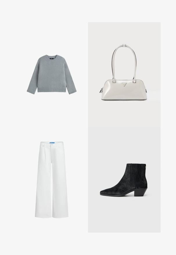 Pull en tricot gris clair avec un col rond, des épaules tombantes, des poignets et un ourlet côtelés. Présente un motif texturé sur l'ensemble.; Pantalon blanc à jambes larges avec pli devant, fermeture à bouton et zip, passants de ceinture et poches latérales.; Bottine noire à bout pointu, en matériau texturé imitant les cheveux, avec un panneau latéral à nervures et un petit talon carré. Un design simple et moderne.; Sac à main gris clair brillant de forme arrondie, avec deux poignées et un logo triangulaire. Il dispose d'une fermeture éclair et de détails métalliques.