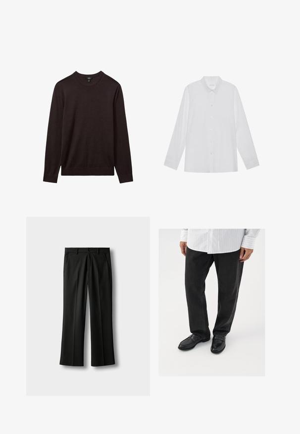 Reiss REISS - Svetrík - dark bordeaux; Biela košeľa s dlhým rukávom vyrobená z hladkej tkaniny, s špicatým golierom, predným zapínaním na gombíky a manžetami na jeden gombík.; Čierne nohavice na mieru s pútkami na opasok, predným zapínaním na gombík a zips, bočnými vreckami a záhybmi pozdĺž nôh na svetlom pozadí.; Čierne denimové nohavice v kombinácii s lesklými čiernymi polobotkami. Košeľa je biela s tenkými vertikálnymi pruhmi, má dlhé rukávy a zapínanie na gombíky.