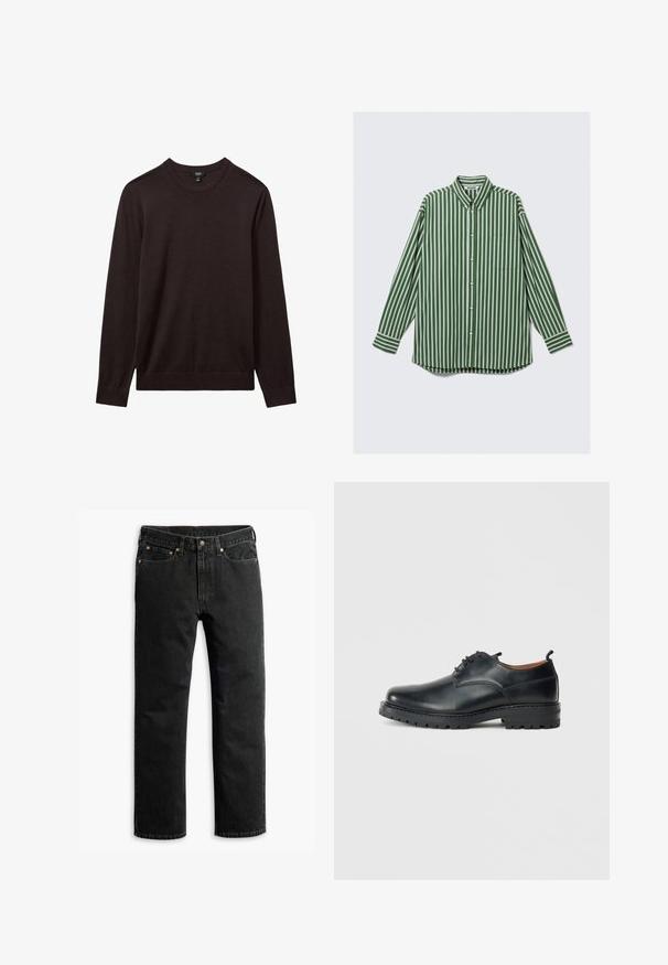 Reiss REISS - Jersey de punto - dark bordeaux; Camisa de botones de manga larga para hombre con rayas verticales en verde, blanco y marrón, un bolsillo en el pecho delantero y un cuello abotonado.; Jeans de mezclilla negros de pierna recta con cinco bolsillos, trabillas para cinturón y un cierre de botón en la cintura, dispuestas en una superficie plana sobre un fondo blanco.; Zapatos derby de cuero negro con una textura suave, punta redondeada, diseño de cordones y una suela de goma gruesa y resistente.