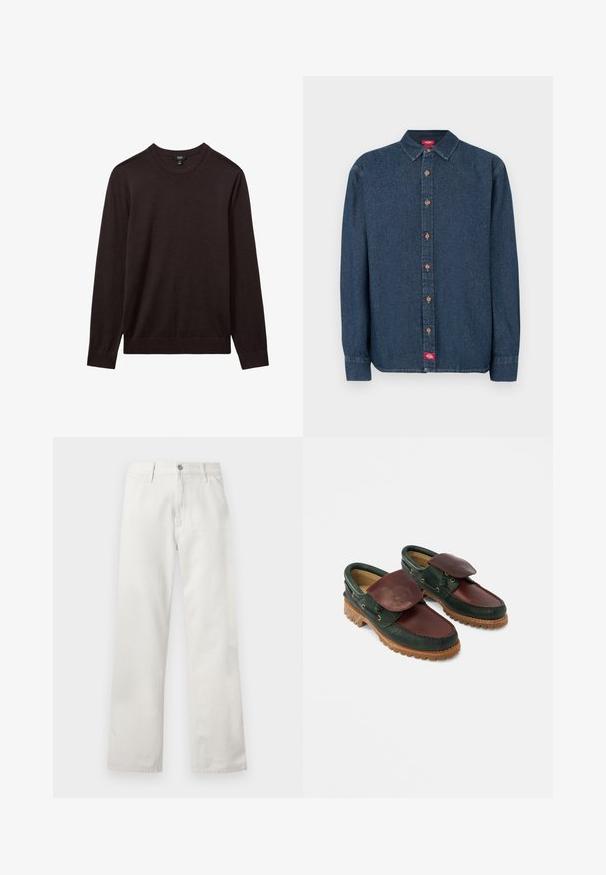 Reiss REISS - Svetrík - dark bordeaux; Tmavomodrá rifľová košeľa na gombíky s ostrým golierom, dlhými rukávmi a medenými gombíkmi. Má malú červenú štítok na ľavej strane.; Pánske biele rovné denimové rifle so zapínaním na gombík a zips, s pútkami na opasok a prednými vreckami.; Kožené topánky s tmavozeleným telom a burgundským vrchom, okrúhlym špičkou, zapínacou chlopňou a textúrovanou gumovou podrážkou s ryhami.