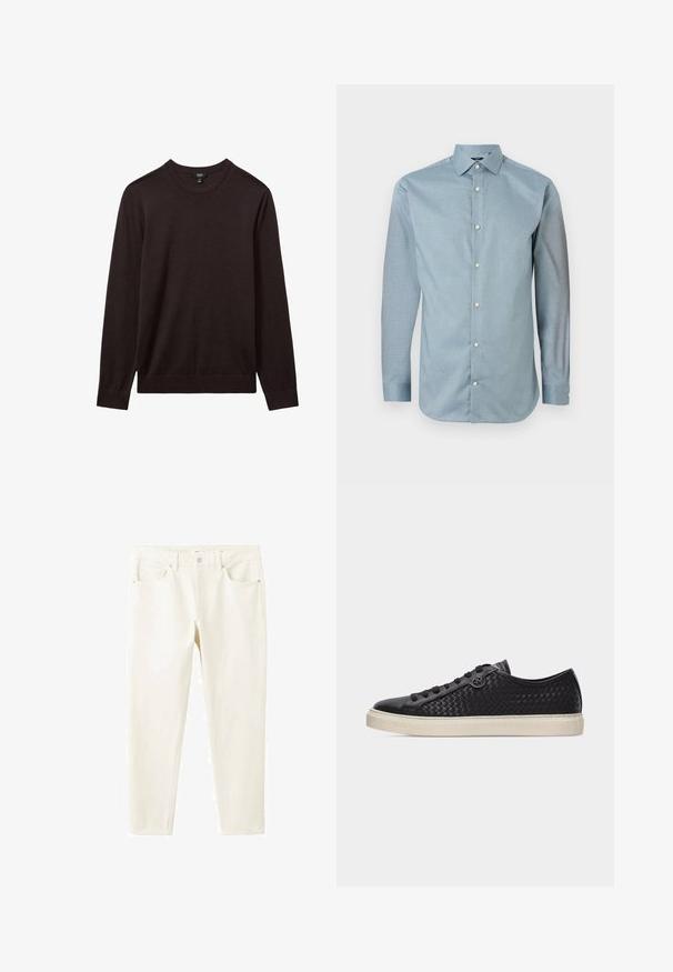 Reiss REISS - Striktrøje - dark bordeaux; Lys blå skjorte med knapper og struktureret mønster, lange ærmer og klassisk krave. Har hvide knapper og en buet kant.; Hvide denimjeans med tætsiddende pasform, forlommer og enkelt knaplukning. Glat tekstur med diskrete sømdetaljer.; Sort lavsko i flettet læder med sorte snørebånd og hvid gummisål, vist fra højre side på en lysegrå baggrund.