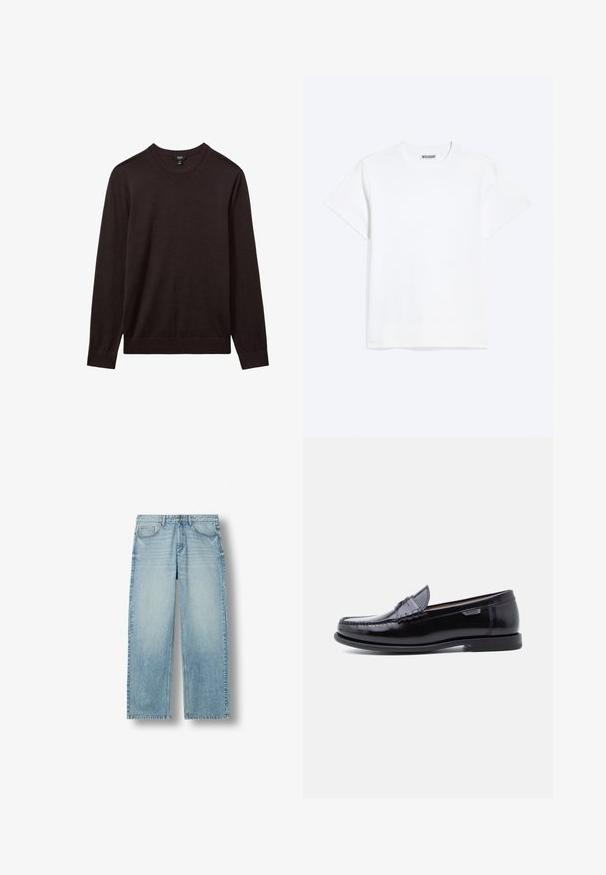 Reiss REISS - Jersey de punto - dark bordeaux; Camiseta blanca lisa de manga corta con cuello redondo y una etiqueta "WEEKDAY" en el interior del cuello trasero, mostrada sobre un fondo claro.; Vaqueros de mezclilla azul claro de pierna recta con cinco bolsillos y cierre de botón, exhibidos sobre un fondo blanco.; Mocasines de cuero negro con acabado brillante, que presentan un diseño cosido en la puntera y una suela baja de goma negra texturizada.