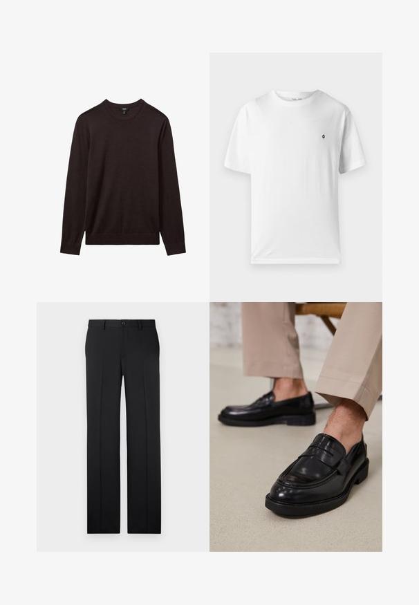 Reiss REISS - Jersey de punto - dark bordeaux; Camiseta blanca de algodón con cuello redondo, mangas cortas y un pequeño logo negro en el pecho. Textura suave, corte casual.; Pantalones negros a medida con corte recto, tejido suave, pliegues frontales y un cierre de botón en la cintura.; Mocasines de cuero negro con un acabado suave, que cuentan con una correa decorativa y costuras en contraste, combinados con pantalones beiges.