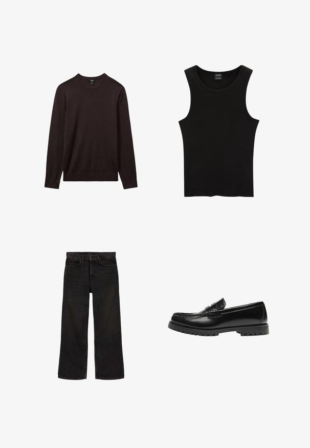 Reiss REISS - Pullover - dark bordeaux; Débardeur noir à côtes avec un col rond et de larges emmanchures, fabriqué à partir d'un tissu doux et extensible. Étiquette : Pull&Bear.; Jean noir droit avec poches avant et arrière, passants pour ceinture, fermeture à bouton et coutures visibles.; Mocassin en cuir noir avec une semelle en caoutchouc épaisse et un détail classique de bride à monnaie, vu de côté extérieur.