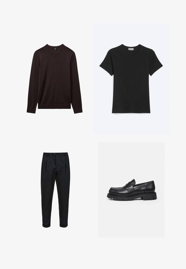 Reiss REISS - Jersey de punto - dark bordeaux; Camiseta negra lisa de manga corta con cuello redondo y etiqueta de la marca Weekday dentro del cuello, mostrada sobre un fondo blanco.; Pantalones negros de tejido suave, con un frente plisado, ajuste tapered y puños enrollados. Cierre de botón sencillo en la cintura.; Mocasín negro de cuero con suela gruesa y acanalada y detalle de tira para moneda, mostrado en perfil lateral derecho sobre fondo blanco.