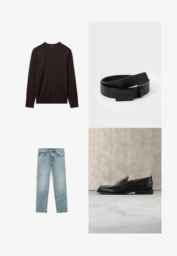 Reiss REISS - Striktrøje - dark bordeaux; Lyseblå denimjeans med falmet vask, fem lommer, knaplukning og lige ben, vist på hvid baggrund.; Sort læder herreloafer med krokodillepræget forstykke og lav hæl, vist i profil på en neutral baggrund.; Sort syntetisk bælte med en glat overflade, udstyret med en rektangulær sort spænde præget med "HUGO" og rød stikning som accent.