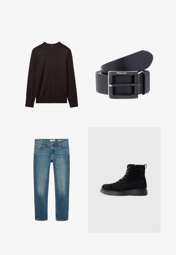 Reiss REISS - Striktrøje - dark bordeaux; Lyseblå denim jeans med et klassisk lige ben-design, fem lommer og subtil falming ved knæene og lårerne. Præcis syning.; Sorte suede ankelstøvler med en tekstureret overflade, rund tå, grå snørebånd og en robust sort sål. Har en lille løkke bagpå.; Sort læderbælte med en kvadratisk sølvspænde. Har en glat overflade og et Wrangler-logo på spænderen. Justerbar længde.