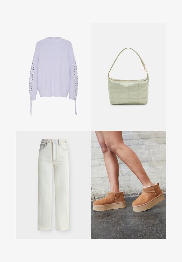 Pull en maille gris clair avec un col rond, des épaules tombantes et des détails de lacets le long des manches. Ourlet côtelé et tissu texturé.; Jean en denim bleu clair à taille haute avec jambe droite, boutons à l'avant, fermeture éclair et cinq poches.; Bottines en suède marron avec une doublure en peluche, semelle épaisse en beige et une poignée à l'arrière. Surface texturée avec des détails de couture visibles.; Sac vert rembourré avec une texture douce, de forme rectangulaire, à une bandoulière, et fermeture à glissière dorée. Présente un motif matelassé.