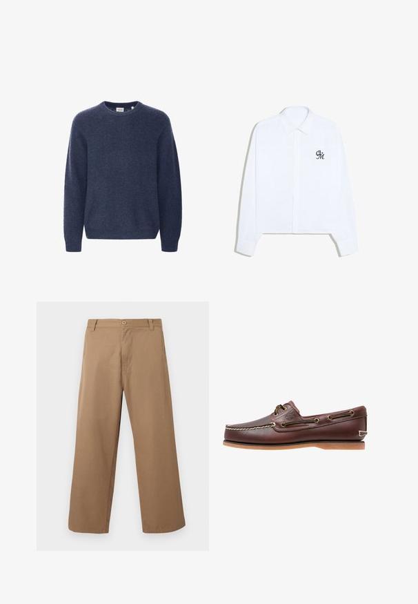 Mørkeblå strikket sweater med rund halsudskæring, lange ærmer og ribbestrik. Fremstillet af blødt, hyggeligt stof.; Hvid langærmet skjorte med knapper og spids krave samt mørke kursiv initialer "GM" på venstre bryst.; Beige bukser med vide ben, bæltestropper, forreste knap og lynlås, vist mod en ensartet lys baggrund.; Brun læder bådsko med hvide sømme, snøre detaljer og lysbrun gummisål, vist fra siden på hvid baggrund.