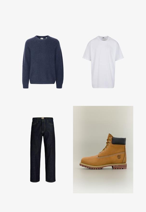 Mørkeblå strikket sweater med rund halsudskæring, lange ærmer og ribbestrik. Fremstillet af blødt, hyggeligt stof.; Hvid, kortærmet bomulds-T-shirt med rund hals og synligt størrelses- og mærkelabel inde i kraven.; Mørkeblå jeans med lige ben, gul syning, frontknap og lynlås, samt design med fem lommer.; Brun læderankelstøvle med sort krave, gule snørebånd og tanfarvet sål. Har logo og hvide syninger som detalje. Robust ydersål med greb.