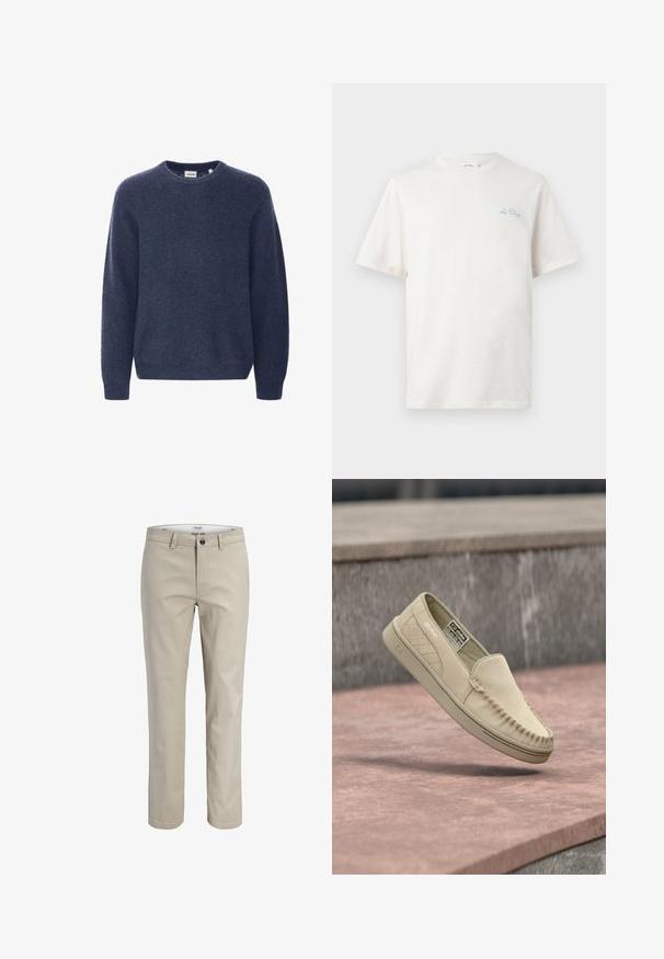 Suéter de punto azul marino con cuello redondo, mangas largas y textura acanalada. Fabricado con un tejido suave y acogedor.; Camiseta blanca de manga corta y cuello redondo con pequeño logo de texto "La Paix" en azul claro en el pecho izquierdo.; Pantalones beige de pierna recta con trabillas para cinturón, cierre de botón y bolsillos delanteros, mostrados sobre un fondo blanco.; Mocasín beige de ante tipo slip-on con panel lateral acolchado, costuras estilo mocasín y suela de goma, flotando sobre una superficie de piedra.