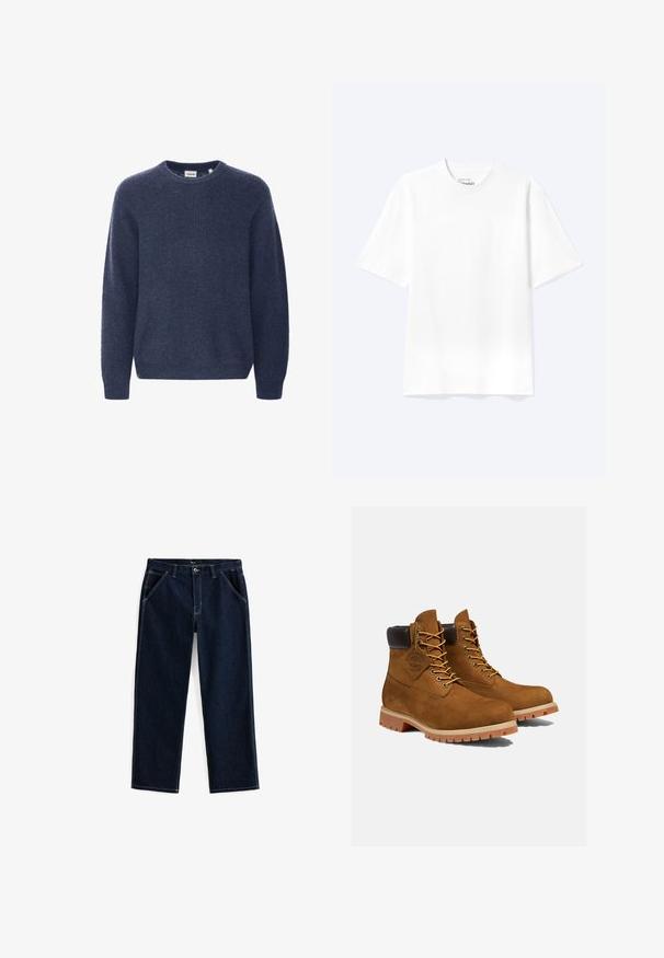Suéter de punto azul marino con cuello redondo, mangas largas y textura acanalada. Fabricado con un tejido suave y acogedor.; Camiseta lisa blanca de manga corta y cuello redondo con un corte relajado, mostrada sobre un fondo claro.; Pantalones vaqueros de mezclilla de color azul oscuro con corte recto, que cuentan con cinco bolsillos y costuras en blanco que contrastan a lo largo de las costuras y los bolsillos.; Botines de ante marrón con un cuello acolchado negro, ojales dorados y suela de goma gruesa con un patrón de tacos para mayor tracción.