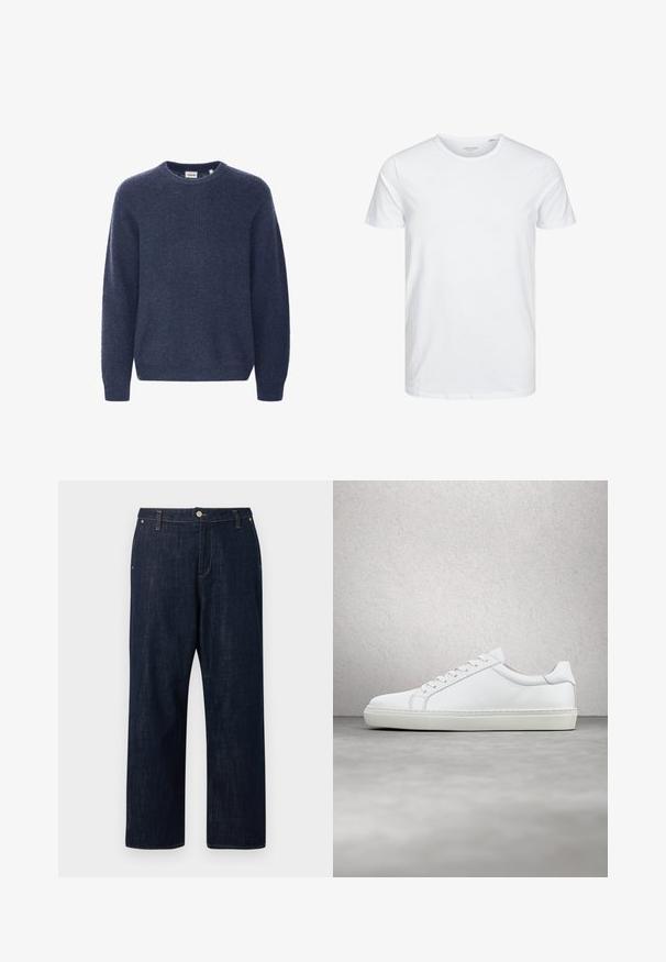 Mørkeblå strikket sweater med rund halsudskæring, lange ærmer og ribbestrik. Fremstillet af blødt, hyggeligt stof.; Rundhals kortærmet t-shirt i ensfarvet hvid, lavet af blød bomuld, har et simpelt design uden synlige mønstre eller detaljer.; Mørkeblå jeans med lige ben, knap og lynlås foran, bæltestropper og lommer, vist mod en ensfarvet baggrund.; Hvide sneakers med en glat læderoverdel og lav profil. Har en rund tå, seks snørehuller og en tekstureret gummisål.