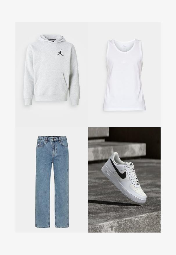 Lys grå hættetrøje lavet af blødt stof, med en front kangaroo lomme og et sort Jordan-logo på brystet. Regular fit med hætte.; Hvid bomulds tanktop med rund hals, ærmeløst design og et lille tonet Nike-logo på forsiden. Glat tekstur.; Lyseblå lige ben jeans i denimstof med knaplukning, fem lommer og kontrastsyning.; Hvid Nike Air Force 1-sneaker med sort swoosh, snørebånd bundet, placeret i luften over tekstureret betonoverflade udendørs.