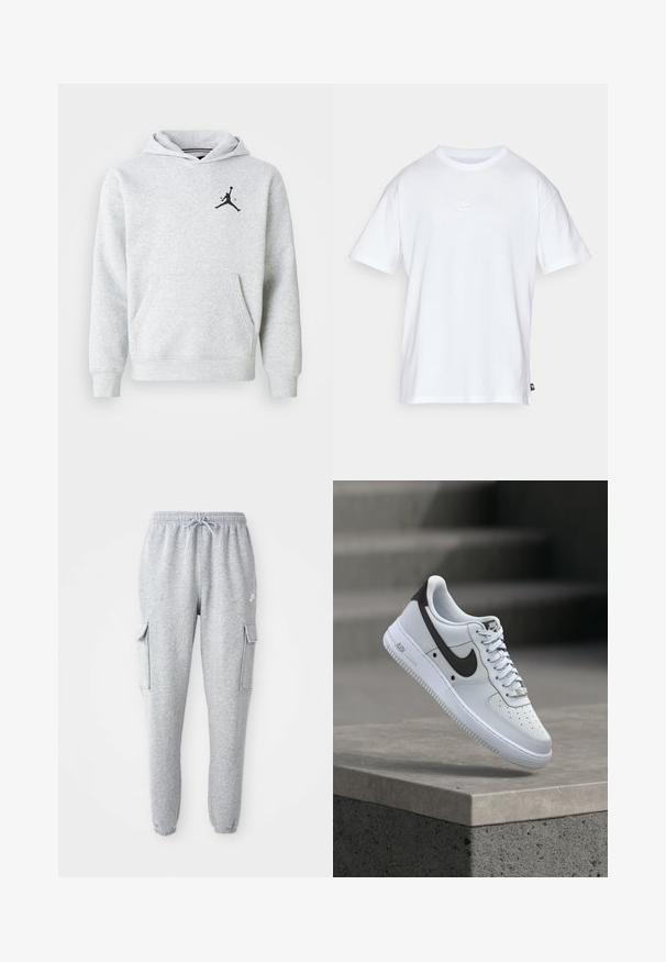Lys grå hættetrøje lavet af blødt stof, med en front kangaroo lomme og et sort Jordan-logo på brystet. Regular fit med hætte.; Hvid bomulds T-shirt med korte ærmer og rund hals. Har et lille, diskret Nike-logo på brystet og et sidelabel.; Grå sweatpants lavet af blødt stof, med en elastisk talje med snor, to sidelommer og tapered manchetter.; Hvid Nike Air Force 1 sneaker med sort swoosh-logo, svævende over en betonforkant med slørede trapper i baggrunden.