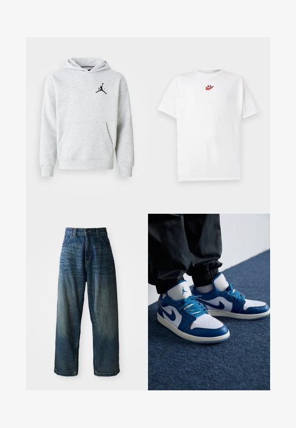 Lys grå hættetrøje lavet af blødt stof, med en front kangaroo lomme og et sort Jordan-logo på brystet. Regular fit med hætte.; Hvid t-shirt med korte ærmer og lille rødt smiley-logo placeret centralt nær halsudskæringen foran.; Bredde ben blå denimjeans med en falmet finish. Har fem lommer, knaplukning og kontrasterende syninger. Tyk stof.; Nike Air Jordan sneakers har en hvid læderbase med blå syntetiske detaljer, en perforeret tåboks og blå snørebånd.