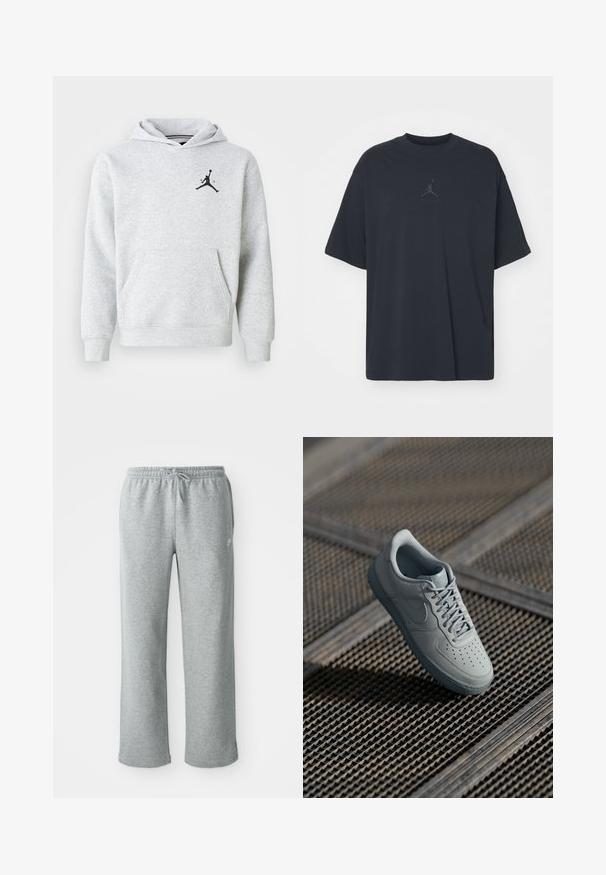 Lys grå hættetrøje lavet af blødt stof, med en front kangaroo lomme og et sort Jordan-logo på brystet. Regular fit med hætte.; Sort bomuld T-shirt med løs pasform, rund hals, korte ærmer, med et diskret logo og teksten "AIR" over logoet i centrum.; Grå bomulds sweatpants med elastisk talje, snorelukning og lige ben. Har et lille logo på den øverste venstre side.; Grå lædersneaker med perforeret tå, flade snørebånd, polstret krave og struktureret gummisål. Har en subtil brandingdetalje.