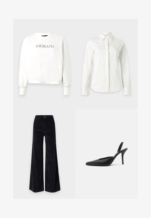 Sweat-shirt blanc avec poignets côtelés et encolure arrondie. "ARMANI" en paillettes argentées sur la poitrine. Tissu doux, coupe courte.; Chemise blanche à manches longues avec boutons cachés, col pointu et coupe ajustée à la taille.; Pantalons larges en velours côtelé noir avec taille haute, fermeture à bouton et poches avant. Texture lisse avec un motif en ribbing vertical.; Chaussures à talons noires à bride arrière avec un bout pointu, en cuir lisse, et un design épuré et minimaliste. Talon aiguille haut.