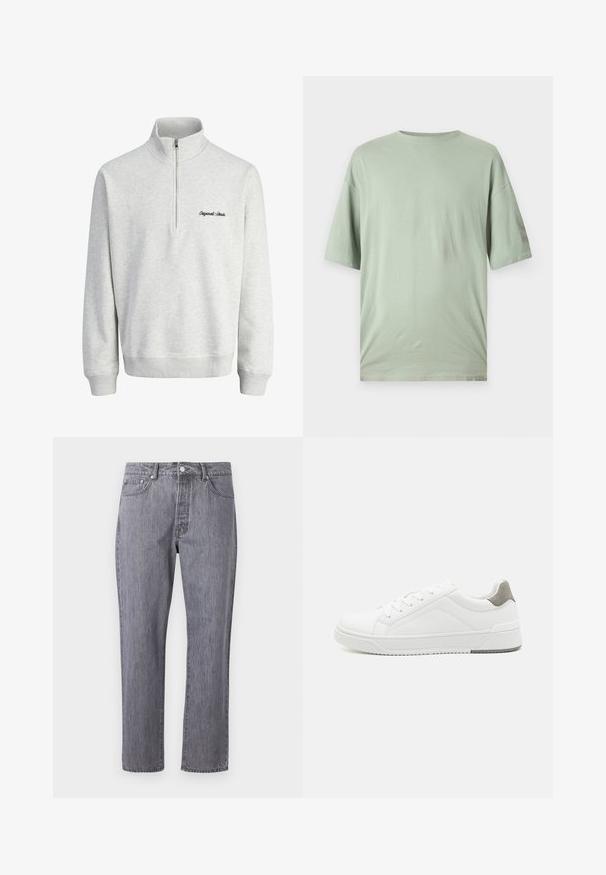 Lys grå sweatshirt med halv-zip krave og "Original Studio" broderet i sort på forsiden, vist mod en hvid baggrund.; Lys grøn kortærmet t-shirt lavet af blødt stof. Har en rund halsudskæring og en afslappet pasform uden synlige mønstre eller udsmykninger.; Grå denim jeans med lige ben-design, fem lommer, knaplukning og subtil whiskering-effekt på stofstrukturen.; Hvid sneaker lavet af glat læder, rund tå, minimalistisk design, grå hælafsats og tekstureret gummisål.