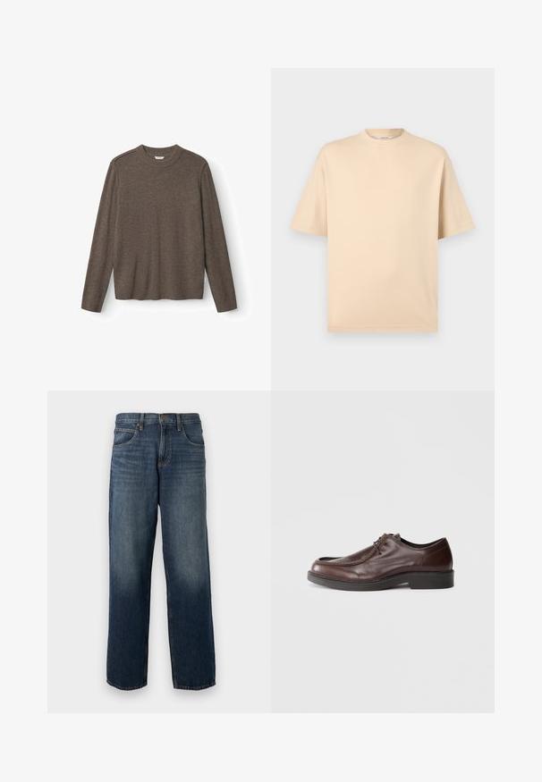 Pull en tricot marron avec un col ras du cou, des manches longues et un ourlet côtelé. Texture douce avec un minimum de détails et aucun matériel visible.; T-shirt beige surdimensionné à manches courtes, col rond, avec coutures minimales sur fond gris clair.; Jean denim bleu à jambes droites avec cinq poches et une fermeture par bouton et zip, présentant des détails légèrement décolorés sur les cuisses et les genoux.; Chaussure habillée en cuir marron avec un bout arrondi, des accents de couture minimum, et une semelle noire robuste. Présente un système de laçage et une texture lisse.