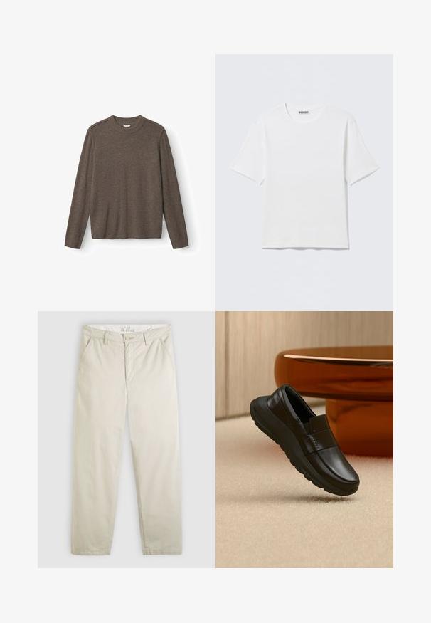 Brun strikketrøje med rund halsudskæring, lange ærmer og ribkant. Blød tekstur med minimal detaljering og ingen synlig hardware.; Hvid, kortærmet t-shirt med rund hals og et lille "WEEKDAY"-mærke på indersiden af bagkraven, vist på en flad overflade.; Lyst beige chinos med lige ben, forlommer, bæltestropper, knaplukning og lynlås, vist fladt på en hvid baggrund.; Sort læderloafer med tyk sål, vist over beige tæppe og nær en rund bordfod i ravfarve.