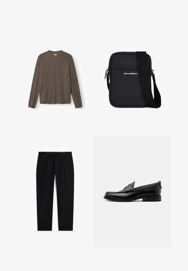 Pull en tricot marron avec un col ras du cou, des manches longues et un ourlet côtelé. Texture douce avec un minimum de détails et aucun matériel visible.; Pantalon formel noir avec fermeture bouton et zip, poches latérales et passants de ceinture, présenté sur fond blanc.; Mocassin homme en cuir noir avec couture moc toe, bride penny, col texturé et petit talon empilé sur fond blanc.; Sac bandoulière rectangulaire noir avec sangle réglable, poche avant et logo "KARL LAGERFELD" en texte blanc.