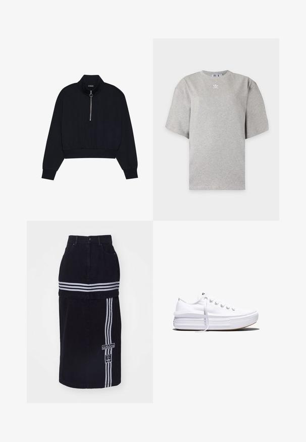Sort cropped pullover lavet af blødt stof, med en høj krave, en frontlynlås med en sølvfarvet træk, og ribbede manchetter og kant.; Lysegrå Adidas T-shirt med korte ærmer, rund hals og lille hvid Adidas-logo på brystet, vist på en ensfarvet baggrund.; Sort denimnederdel med høj talje, der har to hvide vandrette striber, et Adidas-logo på siden og et lige snit.; Hvid lavt snørestøvle med tyk plateau-sål, snørelukning foran og gummiforstærket tåkap, set i sideprofil.