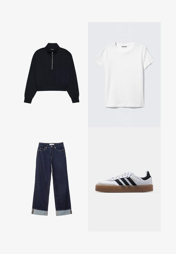 Sort cropped pullover lavet af blødt stof, med en høj krave, en frontlynlås med en sølvfarvet træk, og ribbede manchetter og kant.; Enkelt hvid T-shirt med korte ærmer og rund halsudskæring med en "WEEKDAY" label indeni kraven, vist på en lys grå baggrund.; Mørkeblå vidde jeans med omslag ved buksebenet, forreste knap, lynlås og design med fem lommer.; Hvide lædersneakers med sorte striber, gummirubber sål, rund tå, snørelukning og blød grå ruskinds tåhætte.