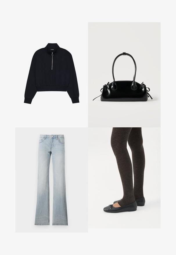 Pull noir court en matériau doux, avec un col haut, une fermeture éclair sur le devant avec un tirette en argent, et des poignets et un ourlet côtelés.; Jean flare en denim bleu clair avec une finition délavée, cinq poches et une fermeture à bouton. Le tissu a une texture lisse et un léger stretch.; Jambes portant des leggings côtelés foncés associés à des ballerines noires avec de petits détails en nœud sur fond blanc.; Petit sac à main noir brillant avec deux longues anses et des détails à cordon sur les côtés sur un fond clair uni.