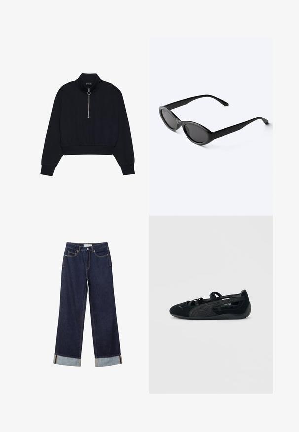 Schwarzer, verkürzter Pullover aus weichem Stoff mit hohem Kragen, einem Frontreißverschluss mit silbernem Zug und gerippten Bündchen und Saum.; Dunkelblaue Jeans mit weitem Bein, umgeschlagenen Säumen, Knopf vorne, Reißverschluss und Fünf-Taschen-Design.; Schwarzer Ballerina aus Wildleder mit gekreuzten Riemen, strukturiertem Seitendetail und einer niedrigen Gummisohle.; Schlanke schwarze ovale Sonnenbrille mit dunklen Gläsern und geraden Bügeln, liegend auf einer weißen Oberfläche.