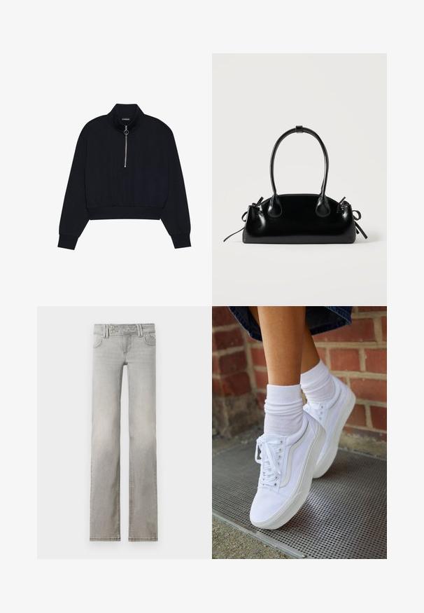 Sort cropped pullover lavet af blødt stof, med en høj krave, en frontlynlås med en sølvfarvet træk, og ribbede manchetter og kant.; Lys grå jeans med lige ben-design, lavet af denim. Har to forlommer, en talje med to knapper og synlige syninger.; Hvide lærreds sneakers med gummisåler, der har seks snørehuller, rund tå og let sømdetaljer, krydret med hvide ankelstrømper.; Lille sort blank håndtaske med to lange håndtag og snøre-detaljer i siden på en ensfarvet lys baggrund.