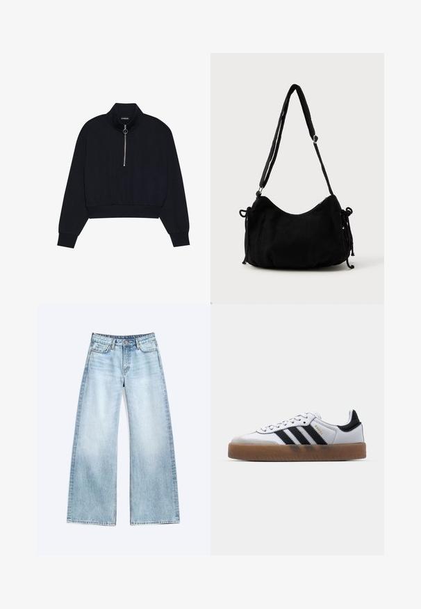 Schwarzer, verkürzter Pullover aus weichem Stoff mit hohem Kragen, einem Frontreißverschluss mit silbernem Zug und gerippten Bündchen und Saum.; Hellblaue Jeans mit weitem Bein, Vordertaschen, Gürtelschlaufen, Knopf- und Reißverschluss auf einfachem weißem Hintergrund.; Weiße Leder Sneakers mit schwarzen Streifen, Gummigummi-Außensohle, runder Zehenform, Schnürverschluss und weichem grauem Wildleder-Zehenkappe.; Schwarze Cordtasche mit geschwungener Form, verstellbarem Schultergurt und Kordelzugverschlüssen an beiden Seiten zur Größenanpassung.