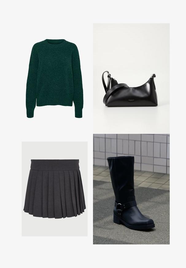 Jersey de lana verde oscuro de manga larga con cuello redondo y puños y dobladillo acanalados, con textura de punto liso.; Falda gris con pliegues, con una cinturilla plana y cierre de cremallera, hecha de una tela texturizada, que presenta pliegues profundos de espaciado uniforme.; Bota negra de cuero hasta la mitad de la pantorrilla con un tacón bajo de bloque y una correa decorativa con hebilla metálica alrededor del tobillo, sobre un pavimento de baldosas.; Bolso de mano de cuero negro con una textura suave. Cuenta con una correa ajustable y un diseño elegante y minimalista con cierre de cremallera.