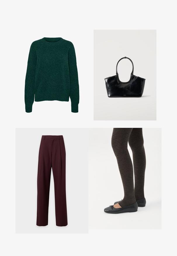 Mørkegrøn uld langærmet sweater med rund hals og ribstrikkede manchetter og kant, ensfarvet strikstruktur.; Mørkebrune, højtaljede skræddersyede bukser med lige ben og bæltestropper, vist mod en ensartet lys baggrund.; Ben iført mørke ribbede leggings kombineret med sorte balletsko med små sløjfedetaljer på hvid baggrund.; Sort blank læderhåndtaske med stort ovalt håndtag og subtilt logo foran mod en ensartet lys baggrund.