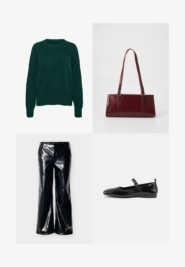 Mørkegrøn uld langærmet sweater med rund hals og ribstrikkede manchetter og kant, ensfarvet strikstruktur.; Sorte bukser i bredbenet design af imiteret læder med en blank finish, med talje i midjehøjde og et rent forstykke, velegnede til forskellige stilarter.; Sorte patentlæder flade sko med spidse tæer, en ankelrem med spænde og en glat, blank tekstur. Lav hæl for komfort.; Bordeaux håndtaske lavet af glansfuldt materiale, rektangulær form, med to skulderremme og subtile buede detaljer på forsiden.