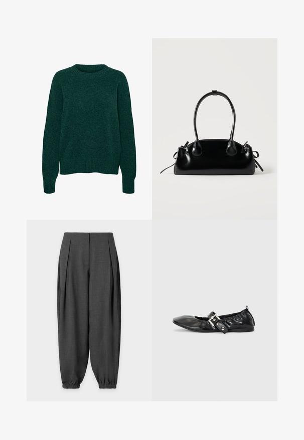 Jersey de lana verde oscuro de manga larga con cuello redondo y puños y dobladillo acanalados, con textura de punto liso.; Pantalones holgados de color gris oscuro con pliegues en la parte delantera y puños elásticos en los tobillos sobre un fondo liso.; Zapato plano de piel negra con puntera afilada, detalle fruncido alrededor de la abertura y un acento de hebilla plateada en la correa ajustable.; Pequeño bolso negro brillante con dos asas largas y detalles de cordón lateral sobre un fondo claro liso.