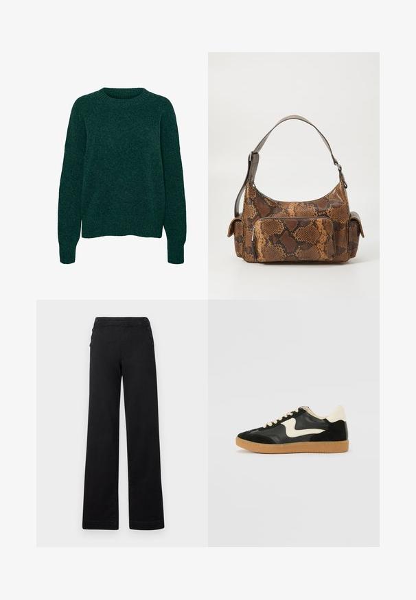 Jersey de lana verde oscuro de manga larga con cuello redondo y puños y dobladillo acanalados, con textura de punto liso.; Pantalones de pierna ancha negros con cintura alta, detalles de botones en los laterales y una textura de denim suave con un acabado limpio.; Zapatillas de deporte de ante y cuero negro con un swoosh lateral en crema y un talón en crema claro. Presenta cordones beige y una suela de goma marrón.; Bolso de mano con estampado de serpiente marrón, con una superficie texturizada, diseño curvado, una correa para el hombro y un bolsillo con cremallera en la parte frontal.