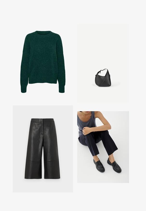 Mørkegrøn uld langærmet sweater med rund hals og ribstrikkede manchetter og kant, ensfarvet strikstruktur.; Sort læderculotte i højtaljede med brede ben og glat tekstur. Har knap- og lynlåslukning foran med minimal detaljering.; Sorte læderloafers med teksturerede detaljer, lav hæl, rund tå og synlige syninger. Modellen bærer mørke bukser og en grå top.; Sort skuldertaske i læder med en afrundet trekantet form og justerbar rem på en ensartet lys baggrund.