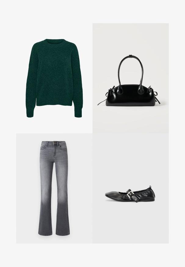 Mørkegrøn uld langærmet sweater med rund hals og ribstrikkede manchetter og kant, ensfarvet strikstruktur.; Højtaljede, brede jeans i mørkegråt denim med forlommer, knaplukning og subtilt falmede effekter mod kanten.; Sorte læder flade sko med spids tå, samling detaljer omkring åbningen, og en sølv spænde accent på den justerbare rem.; Lille sort blank håndtaske med to lange håndtag og snøre-detaljer i siden på en ensfarvet lys baggrund.