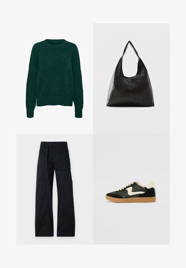 Jersey de lana verde oscuro de manga larga con cuello redondo y puños y dobladillo acanalados, con textura de punto liso.; Pantalones cargo negros con un diseño de pierna ancha, que cuentan con múltiples bolsillos grandes, una cintura ajustada y una textura de algodón suave.; Zapatillas de deporte de ante y cuero negro con un swoosh lateral en crema y un talón en crema claro. Presenta cordones beige y una suela de goma marrón.; Bolso de hombro de cuero negro liso con una correa ancha y única y un diseño desenfadado y minimalista sobre un fondo sencillo.