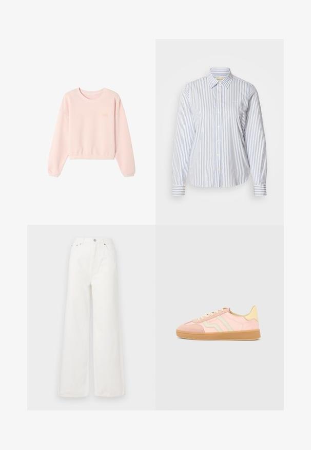Sudadera corta de color rosa claro con textura de canalé, cuello redondo y puños elásticos ajustados. Branding sutil en el pecho. Tejido suave.; Camisa de rayas azules y blancas con botones, cuello clásico, mangas largas y dobladillo recto. La tela tiene una textura suave.; Jeans de mezclilla de cintura alta y pierna ancha en color blanco. Cuenta con bolsillos delanteros, un cierre de botón y detalles de dobladillo deshilachado.; Zapatilla deportiva en tonos rosa y crema con materiales de gamuza y sintéticos, que presenta un diseño estampado, suela de goma color caramelo y cordones planos.