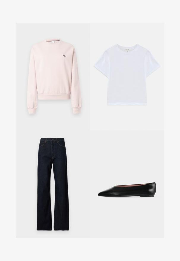 Lyserød sweatshirt med rund hals lavet af blødt materiale, med ribbede manchetter og kant. Inkluderer en lille sort-hvid zebra broderi på brystet.; Hvid cropped t-shirt lavet af blødt bomuld, med rund hals og korte ærmer og en let løs pasform. Ingen mønstre eller accenter.; Mørkeblå denimjeans med høj talje, med lige ben, fem-lommer-stil og kontrastfarvet syning på sømmene.; Sort damesko i læder med flad hæl og spids tå, vist fra siden på en ensfarvet lys grå baggrund.
