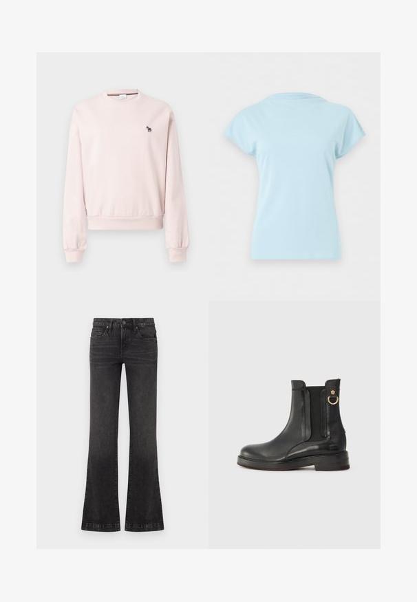 Roze sweatshirt met ronde hals gemaakt van zacht materiaal, met ribben aan de manchetten en onderkant. Bevat een klein zwart-wit zebra borduursel op de borst.; Lichtblauw T-shirt met korte mouwen en ronde hals, plat weergegeven zonder zichtbare logo's of patronen op een effen witte achtergrond.; Zwart vervaagde bootcut jeans met knoopsluiting aan de voorkant, ritssluiting en een ontwerp met vijf zakken op een effen witte achtergrond.; Zwarte leren enkellaars met elastische zijpanelen, ronde neus en een gouden ringaccent. Platte zool met een licht hakje en reliëfbranding.
