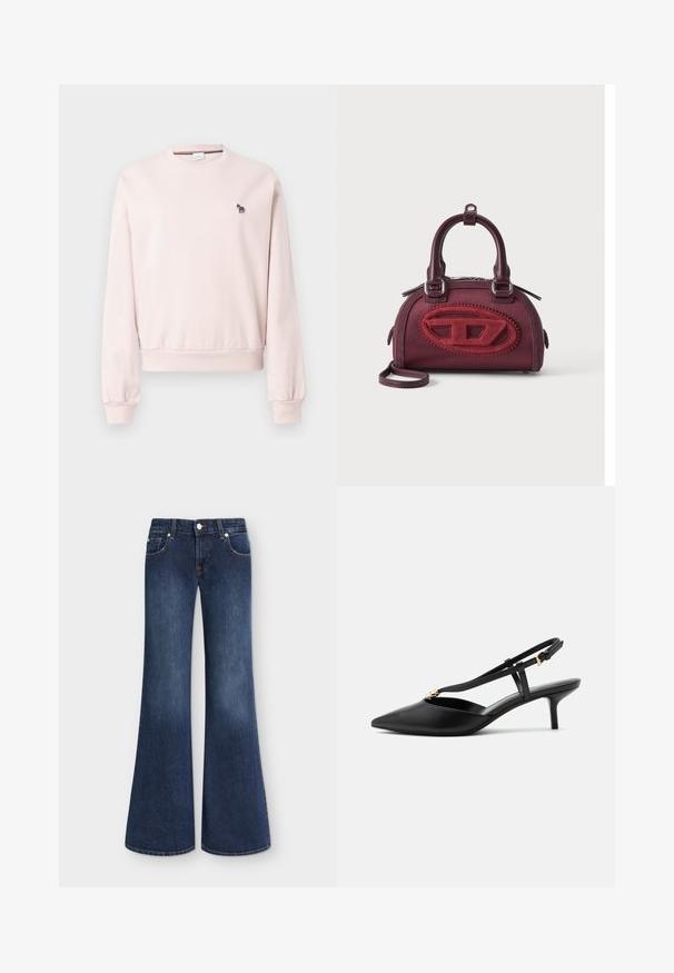 Lyserød sweatshirt med rund hals lavet af blødt materiale, med ribbede manchetter og kant. Inkluderer en lille sort-hvid zebra broderi på brystet.; Mørkeblå denimjeans med høj talje, klassisk fem-lomme-design og brede svajede ben, vist liggende fladt på en hvid baggrund.; Sort læder slingback kitten heel med spids tå, slank T-rem, justerbar spænde og lille guldfinish på remmen.; Lille burgunderfarvet håndtaske med afrundet form, dobbelt håndtag og stort tekstureret rødt ovalt logo foran mod ensfarvet baggrund.