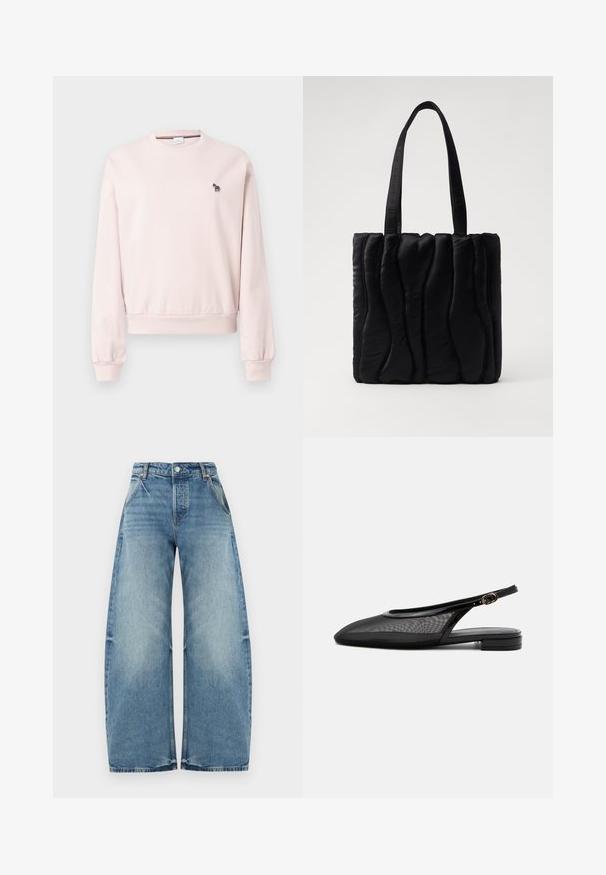 Roze sweatshirt met ronde hals gemaakt van zacht materiaal, met ribben aan de manchetten en onderkant. Bevat een klein zwart-wit zebra borduursel op de borst.; High waist vervaagde blauwe denim jeans met wijde pijpen, knoop aan de voorkant, ritssluiting en schuine voorzakken.; Zwarte slingback platte schoen met puntige neus, mesh bovenwerk, verstelbare gespsluiting en lage gestapelde hak op witte achtergrond.; Zwarte schoudertas van gewatteerde stof, met een golvend textuur, twee stevige handvatten en een rechthoekige vorm. Eenvoudig, modern ontwerp.