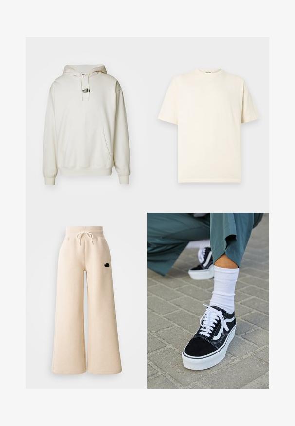 Creme hoodie med frontlomme, justerbar snor i huen og lille sort logo på brystet. Blødt stof og ribbede manchetter.; Kremhvidt bomulds-T-shirt med korte ærmer, rund hals og lille logo foran. Simpelt design, blød tekstur og afslappet pasform.; Beige brede sweatpants lavet af blødt stof, med en elastisk talje med snor og et lille sort logo på siden.; Sorte ruskinds sneakers med hvide accenter og snørebånd, der har en tyk hvid sål og kontrasterende syninger, parret med en hvid sok.