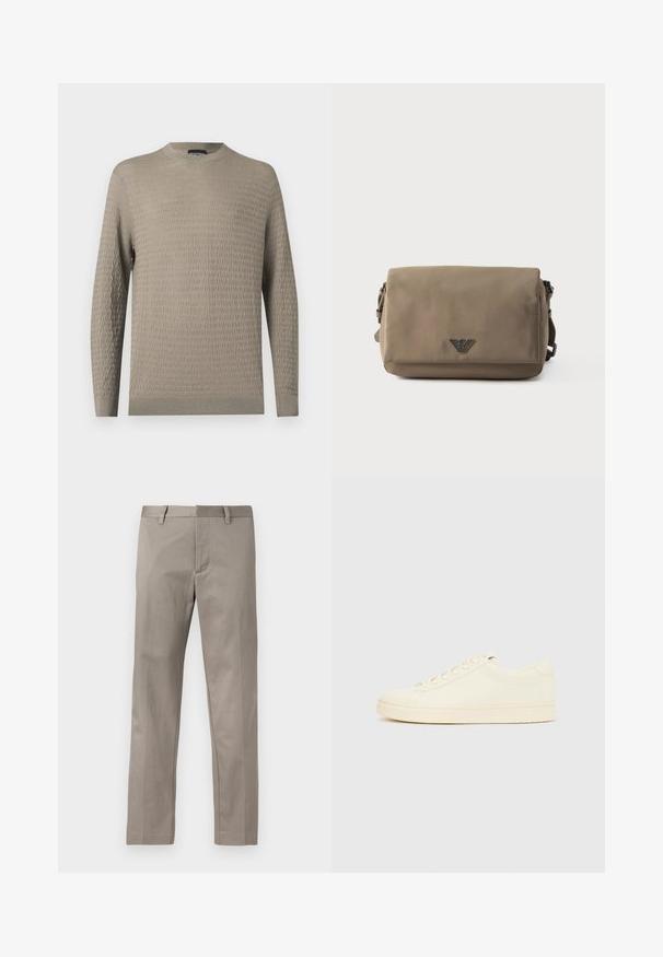Pull beige clair avec un motif texturé, col rond, manches longues et poignets et ourlet côtelés. Fabriqué en matériau doux.; Pantalon gris clair à coupe droite, réalisé en tissu lisse, avec devant plat et ceinture standard munie de passants pour ceinture.; Baskets couleur crème avec une tige en cuir lisse, bout arrondi, laçage à l'avant et semelle en caoutchouc texturée. Design minimaliste, sans logo.; Sac bandoulière rectangulaire taupe avec fermeture à rabat et petit emblème métallique de logo centré à l'avant sur fond blanc.