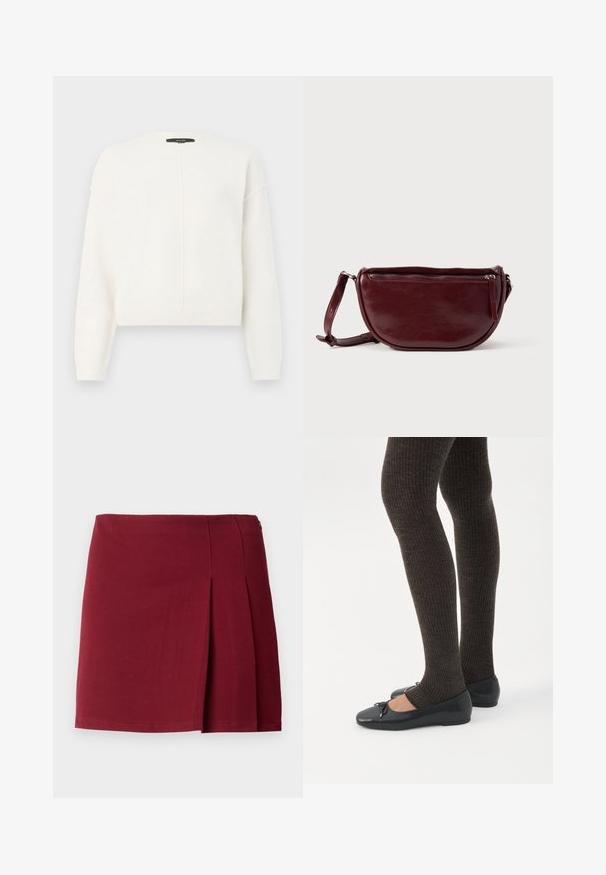 Pull blanc cropped en tissu doux avec un col rond, présentant des coutures d'épaule tombantes et un détail de couture verticale sur le devant.; Jupe mini plissée bordeaux avec une texture lisse, taille ajustée et fermeture à glissière sur le côté. Design simple et minimaliste sans motifs.; Jambes portant des leggings côtelés foncés associés à des ballerines noires avec de petits détails en nœud sur fond blanc.; Sac à main en cuir marron foncé avec une forme en demi-lune, une fermeture éclair et une bandoulière amovible. Texture lisse avec un léger éclat.